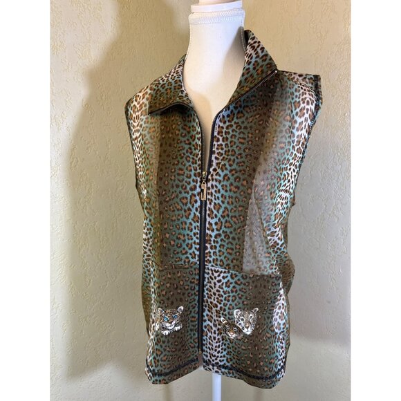 Leopard Print Sleeveless Zip-Up Mesh Blouse W/ Embroidered Cats - Picture 6 of 7